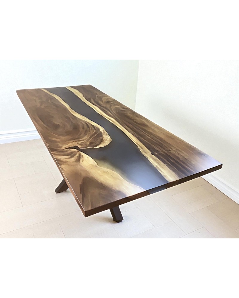 Table de repas design en Suar massif et époxy fumé 200 cm - modèle Agathe
