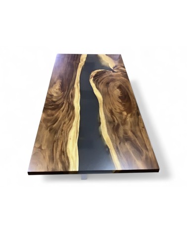 Table de repas design en Suar massif et époxy fumé 200 cm - modèle Agathe