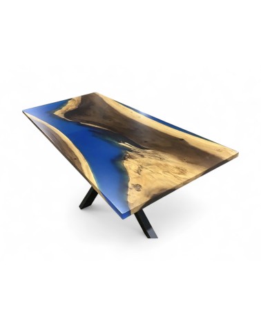 Tisch aus reinem Suar Holz und blauem Epoxidharz 200 cm - Modell Fleur bleue