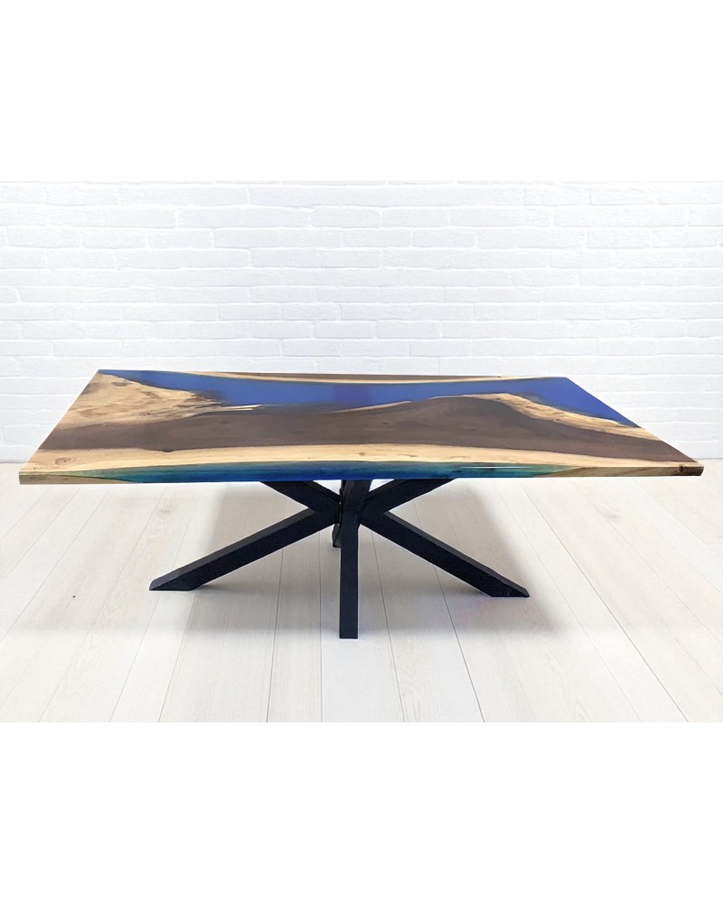Table en bois pur de Suar et résine époxy bleu 200 cm - modèle Fleur bleue