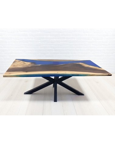 Tisch aus reinem Suar Holz und blauem Epoxidharz 200 cm - Modell Fleur bleue