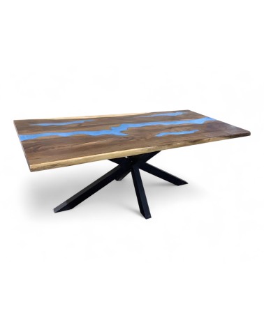 Table en bois massif et résine époxy bleu 200 cm - modèle Bleu de minuit