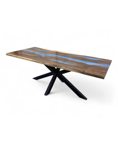 Tisch aus Massiv Holz und blauem Epoxidharz 200 cm - Modell Bleu de Minuit