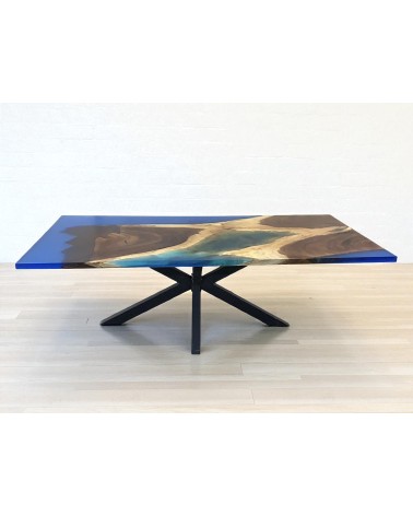 Table en bois véritable de Suar et résine époxy bleu 200 cm - modèle Calypso