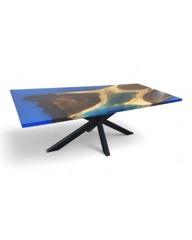 Table en bois véritable de Suar et résine époxy bleu 200 cm - modèle Calypso