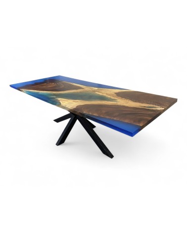 Table en bois véritable de Suar et résine époxy bleu 200 cm - modèle Calypso
