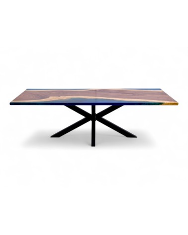 Table résine bleue et bois brut de Suar 250 cm - modèle Sang Bleu