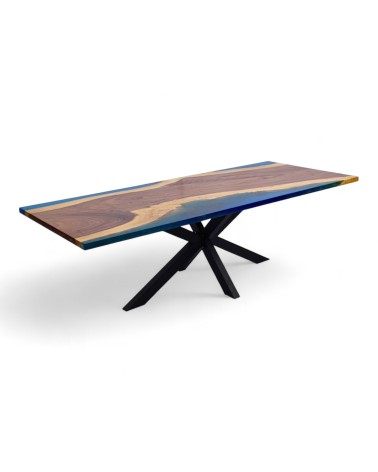 Table résine bleue et bois brut de Suar 250 cm - modèle Sang Bleu