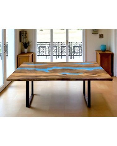 Table en bois de Suar et résine époxy bleu 180 cm - modèle Bitume