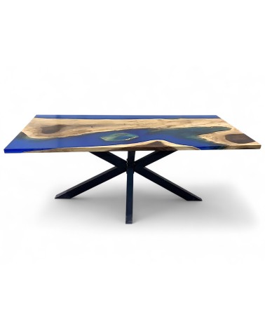 Table en bois authentique de Suar et résine époxy bleu 200 cm - modèle Saudade