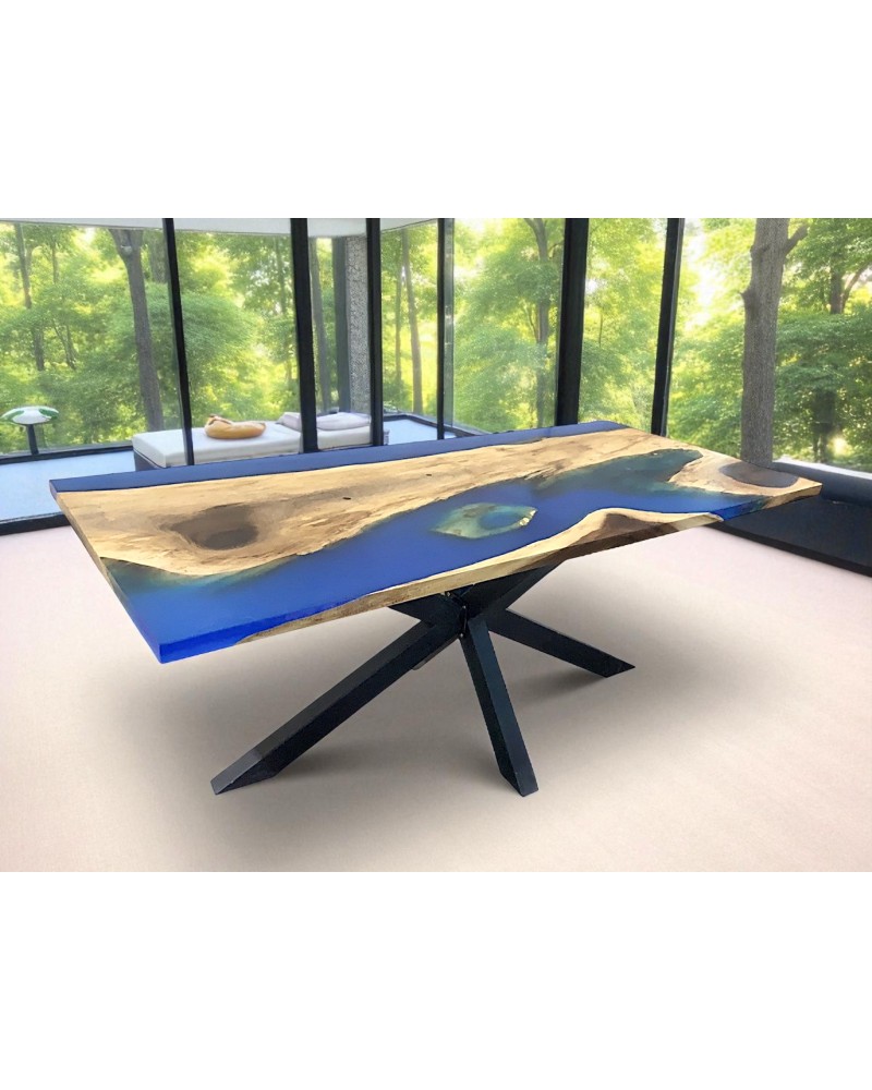 Table en bois authentique de Suar et résine époxy bleu 200 cm - modèle Saudade