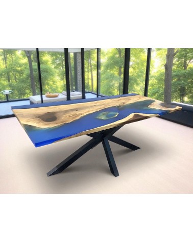 Table en bois authentique de Suar et résine époxy bleu 200 cm - modèle Saudade