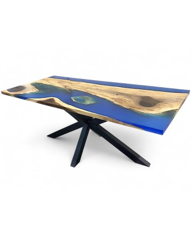 Table en bois authentique de Suar et résine époxy bleu 200 cm - modèle Saudade