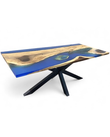 Table en bois authentique de Suar et résine époxy bleu 200 cm - modèle Saudade