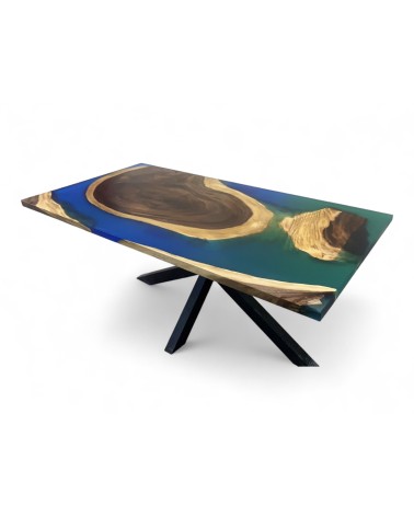 Esstisch aus massivem Suarholz und grünblauem Epoxidharz 180 cm - Modell Jade