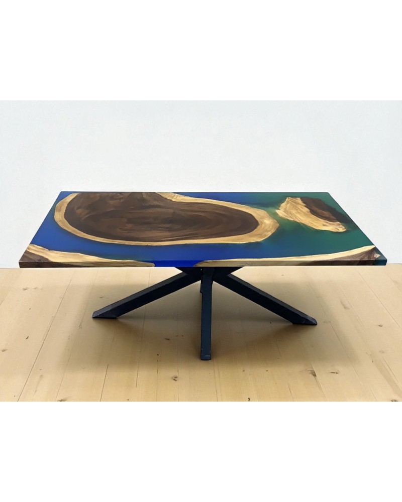 Esstisch aus massivem Suarholz und grünblauem Epoxidharz 180 cm - Modell Jade