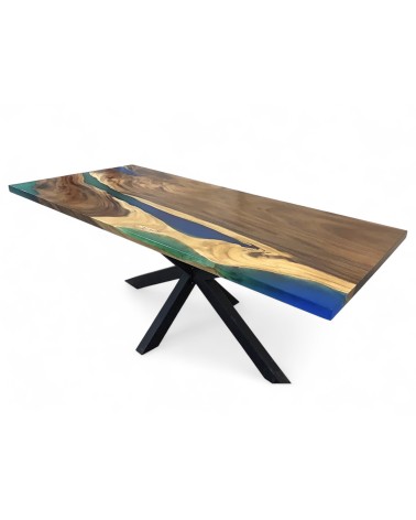 Table en résine époxy vert et bleue et bois 200 cm - modèle Chlorophylle