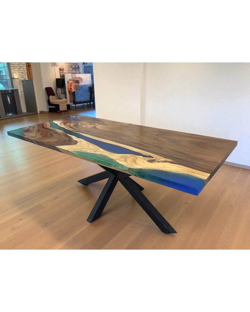 Table en résine époxy vert et bleue et bois 200 cm - modèle Chlorophylle