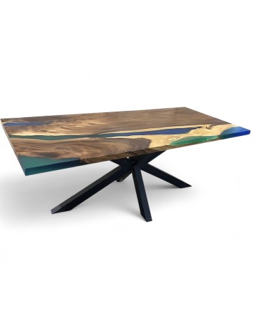 Table en résine époxy vert et bleue et bois 200 cm - modèle Chlorophylle