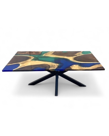 Table de repas bois de suar et résine river bleue 200 cm - modèle Maya Bay"