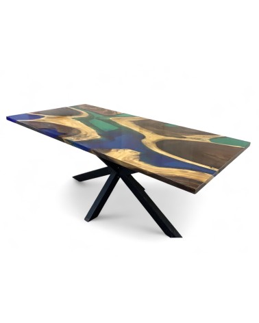 Table de repas bois de suar et résine river bleue 200 cm - modèle Maya Bay"
