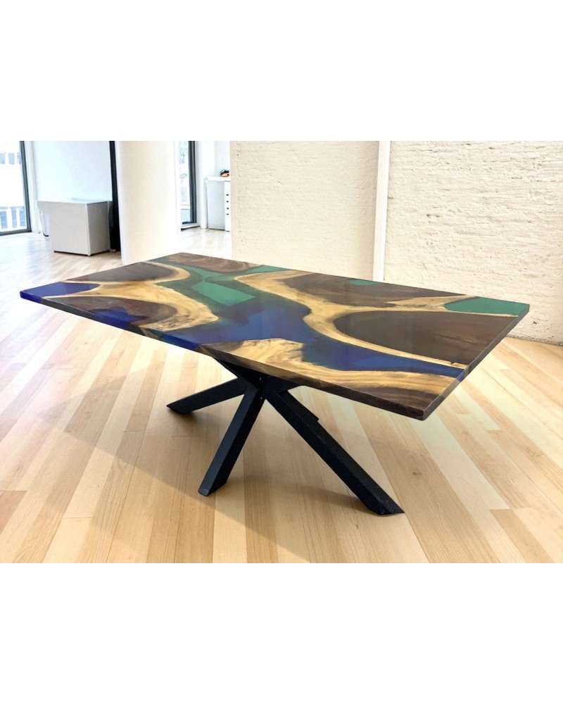Table de repas bois de suar et résine river bleue 200 cm - modèle Maya Bay"