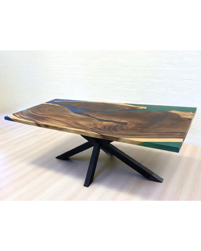 Holztisch mit grünem und blauem Epoxidharz 200 cm - Modell Absinthe