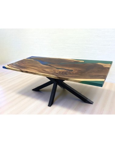 Holztisch mit grünem und blauem Epoxidharz 200 cm - Modell Absinthe