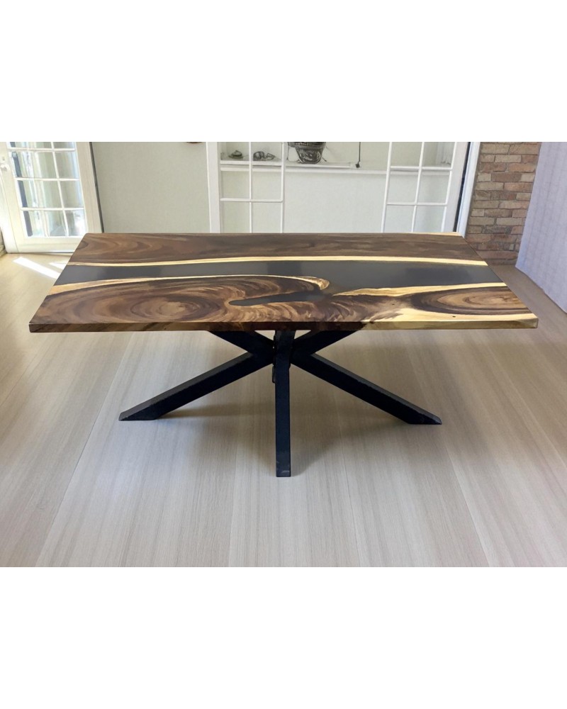 Table à manger en bois naturel et résine fumée 180 cm - modèle Truffe Noire