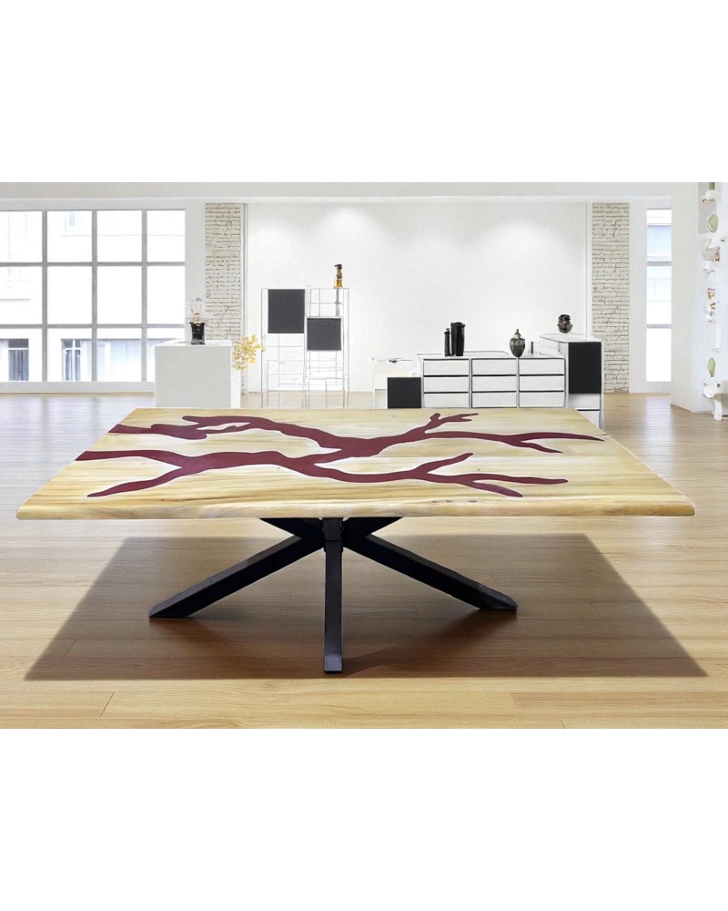 Table à manger bois de Suar et résine rouge 200 cm - modèle Sanguine